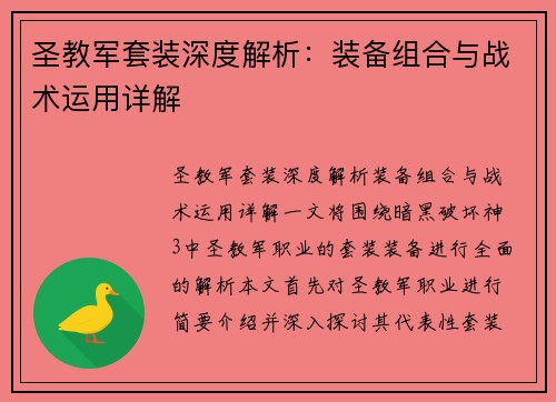 圣教军套装深度解析：装备组合与战术运用详解